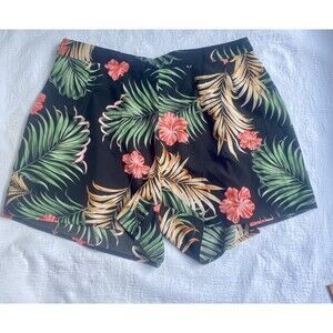 SHEIN Curve Tropical Hawaiian Print Black High Waist Lightweight Shorts -Sz 2XL
